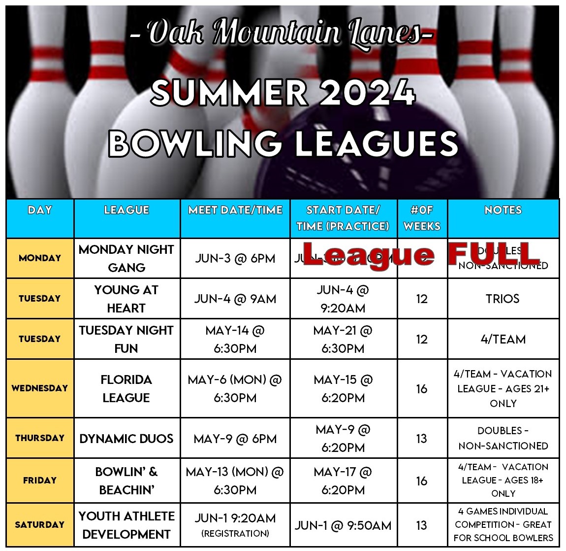 Summer 2024 League Schedule